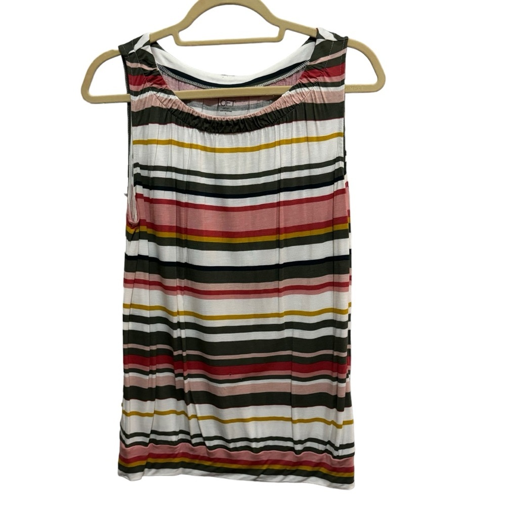 LOFT - White/ olive / pink round elastic neck Sleeveless Top - Size L